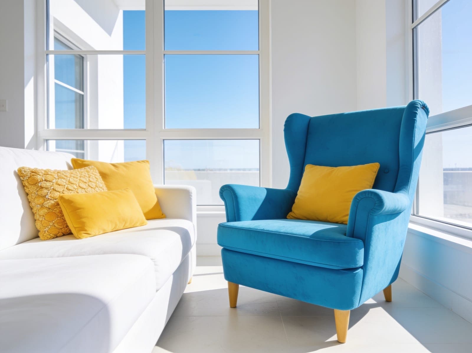 A bright modern interior with a cyan armchair and yellow cushions