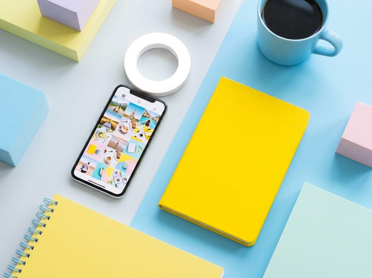 A social media content flat lay with a phone and ring light