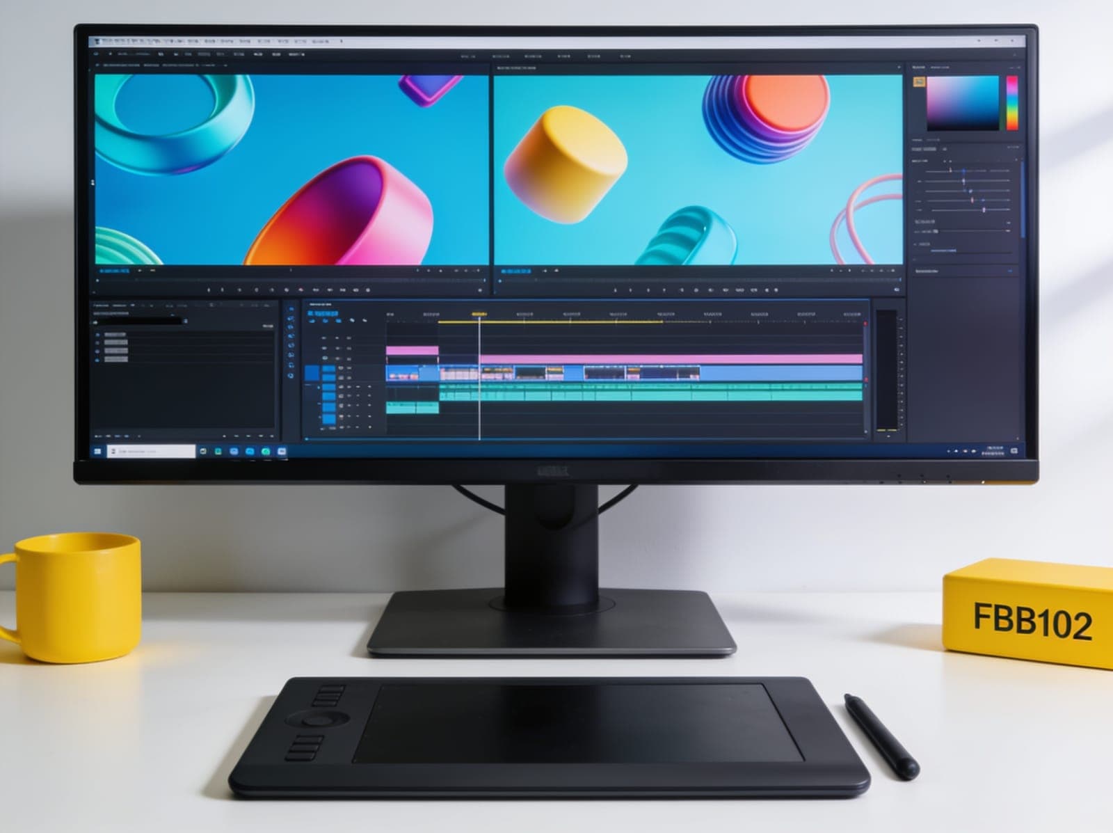 A motion design workstation with an animation timeline on screen